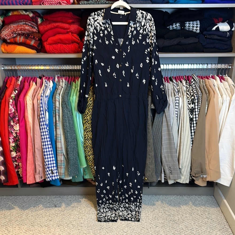 Luka navy/white print long roll tab sleeve 4 pocket elastic waist jumpsuit XS